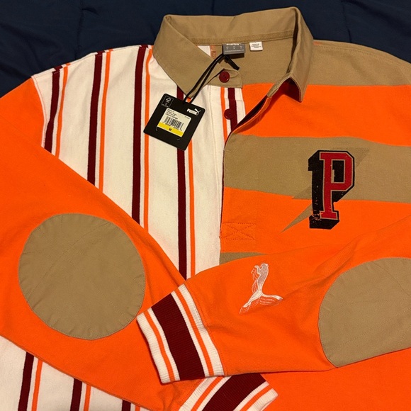 PUMA Freedom Rugby Vibrant Orange Tan White Burgundy Relaxed Fit Shirt $95 NWT M - Picture 10 of 14